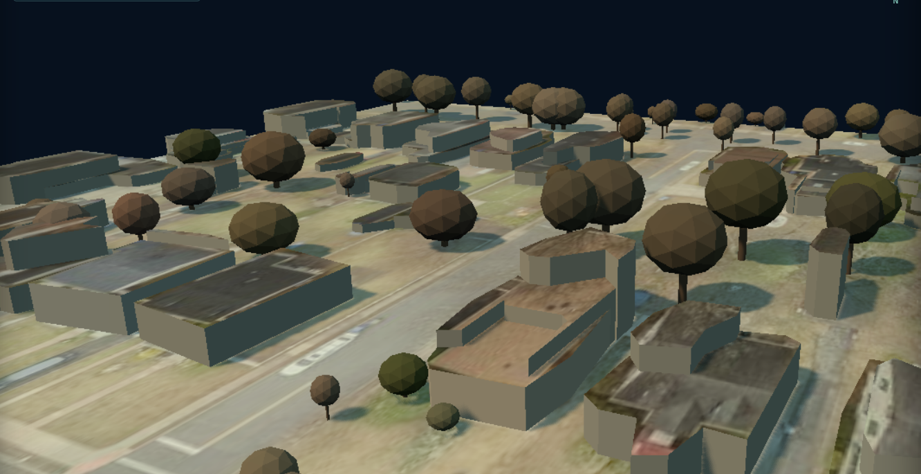City-model close-up with textured roof blocks and individual tree crowns