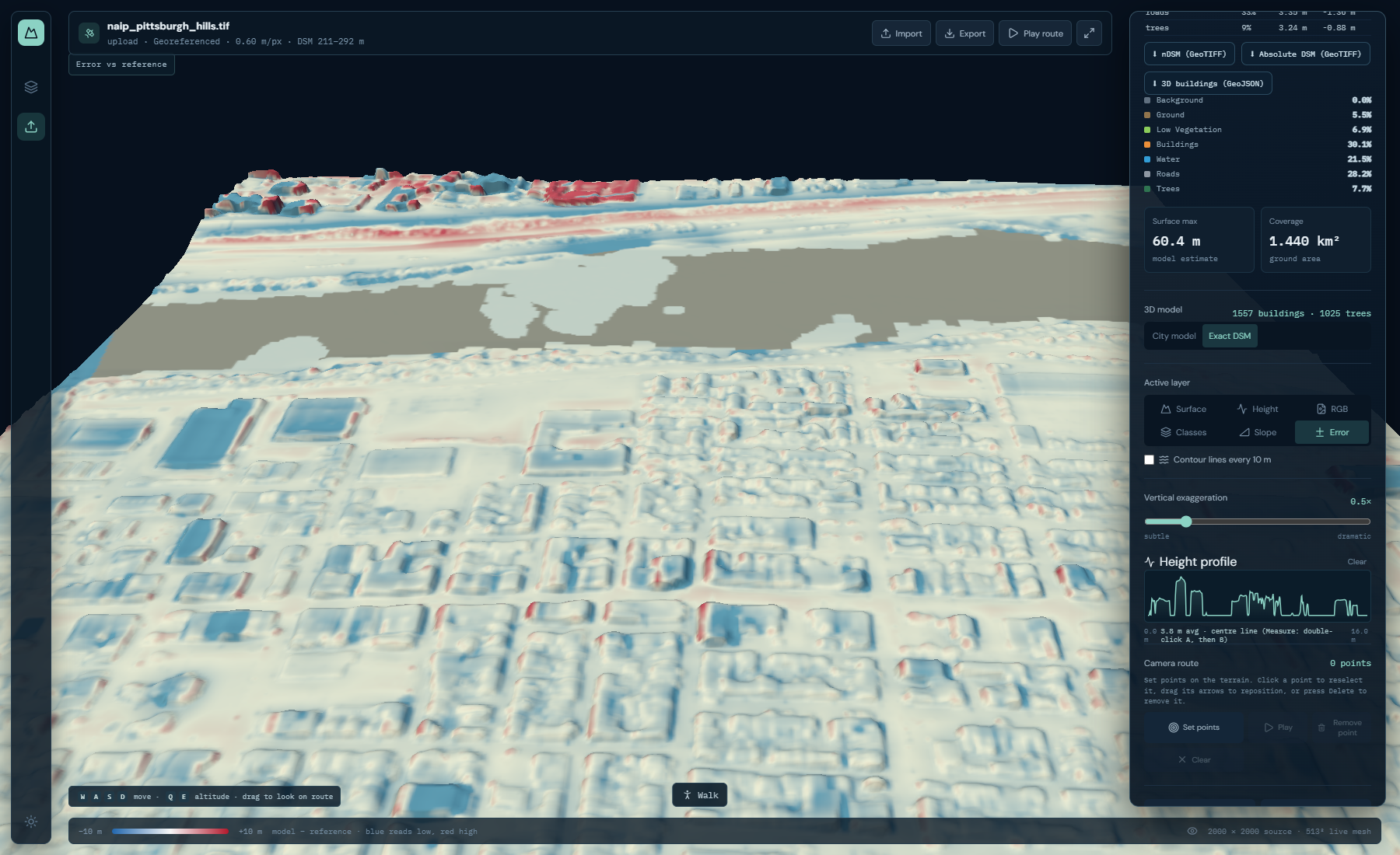 Pittsburgh reconstruction with signed height error against a LiDAR DSM