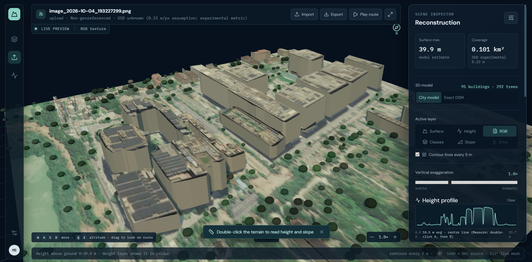 PNG image reconstructed into photo-textured building blocks and tree crowns
