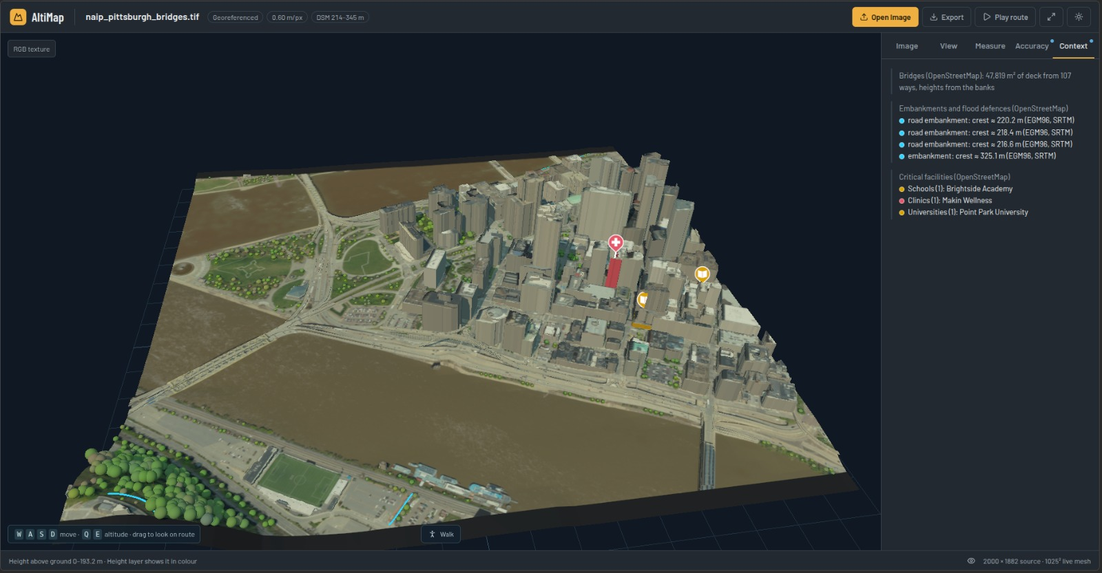 Experimental Pittsburgh city model with textured buildings, bridges and mapped facility markers