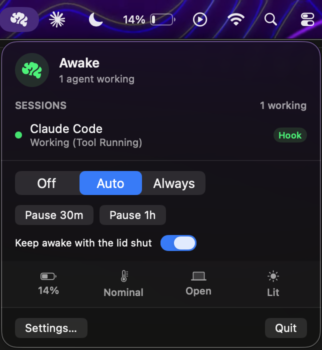 The Lucid menu, showing a live Claude Code session badged Hook