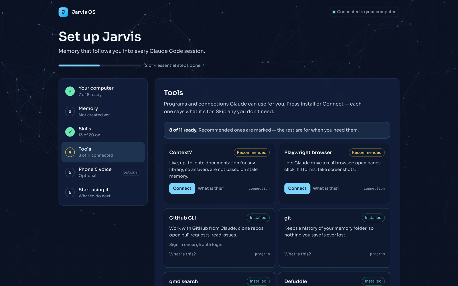 The /jarvis-setup page: a numbered checklist on the left, the open step on the right