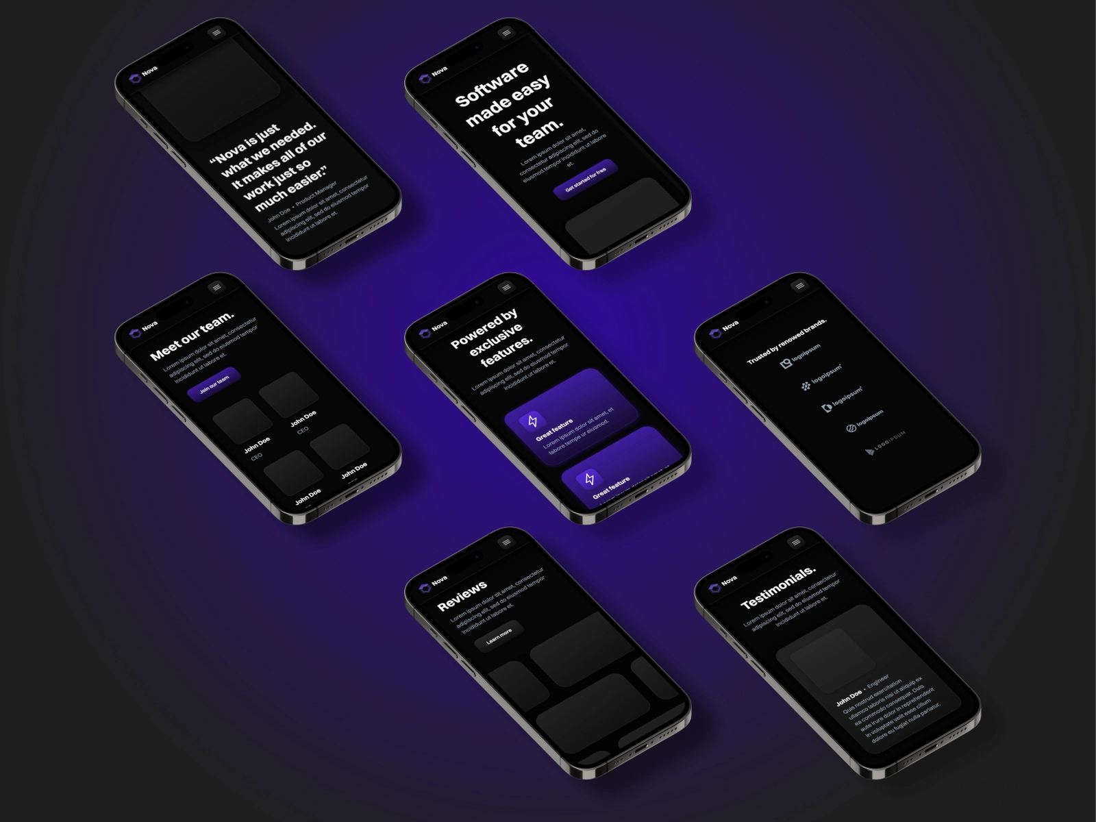 7 phones laid isometrically display the website