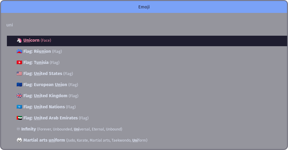 Screenshot showing a Rofi window searching for emojis containing "uni", the emoji for "Unicorn face" being selected