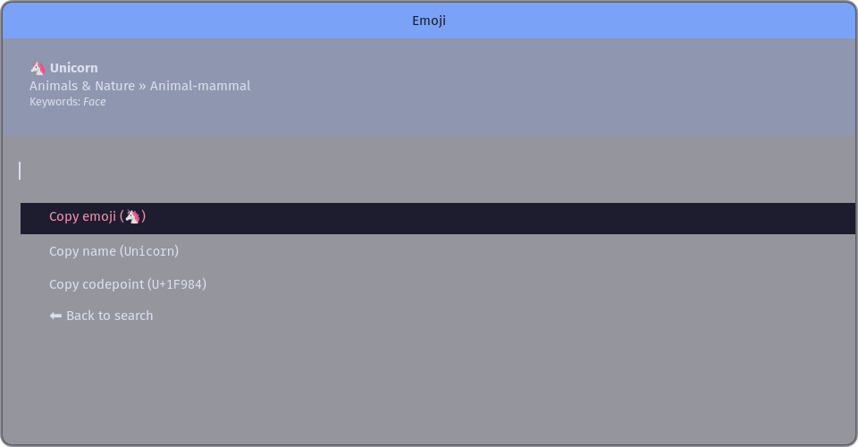 Screenshot of the Emoji menu for the Unicorn emoji