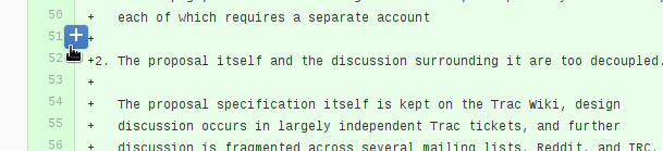 Hover over a line in the source diff view of a pull request and click on the + to leave an inline comment