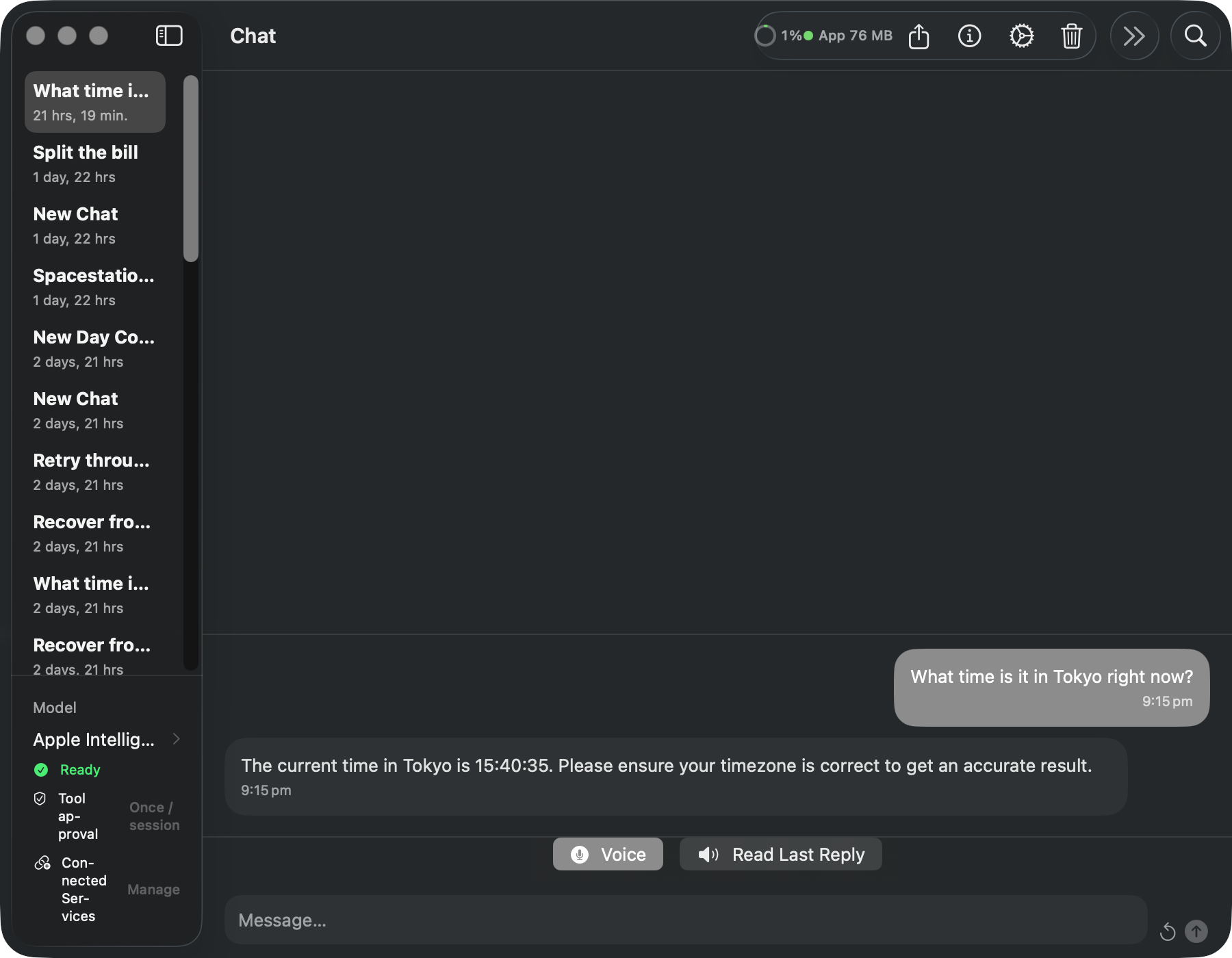 ManifoldKit on macOS — chat with streaming response and session sidebar
