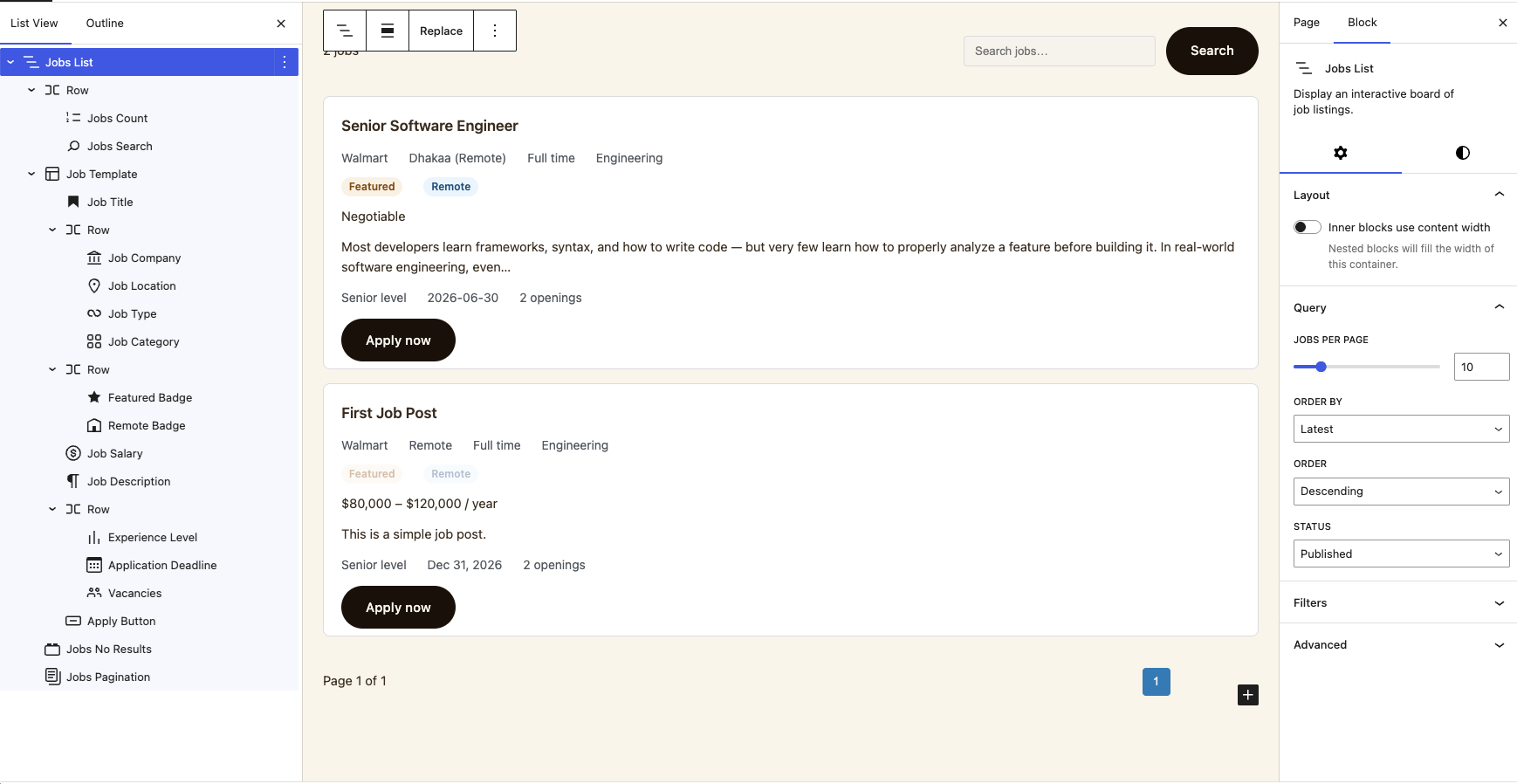 Jobs List block in the editor Jobs List block in the editor