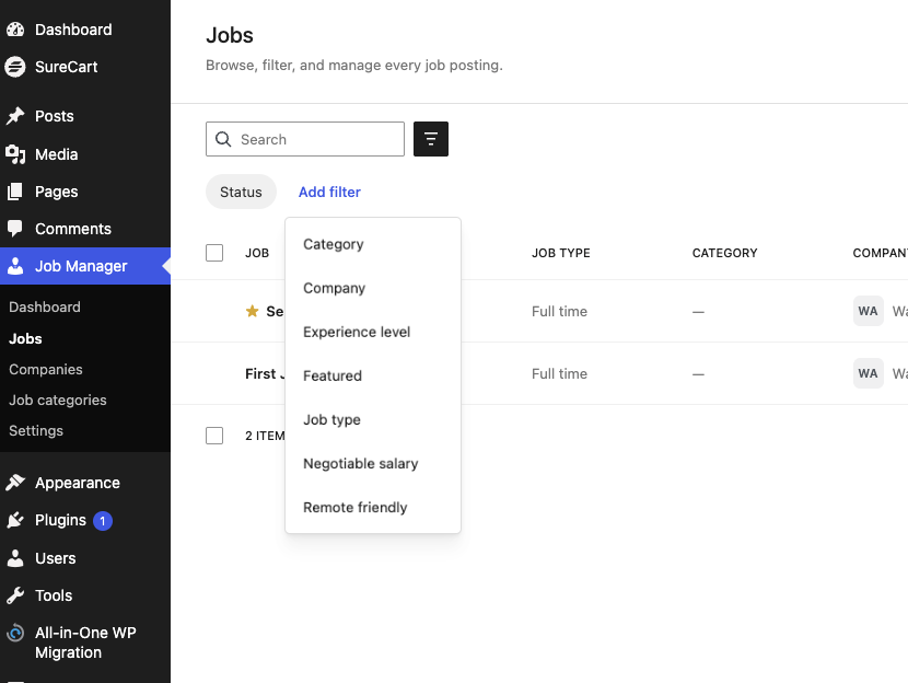 Jobs list filters Jobs list filters