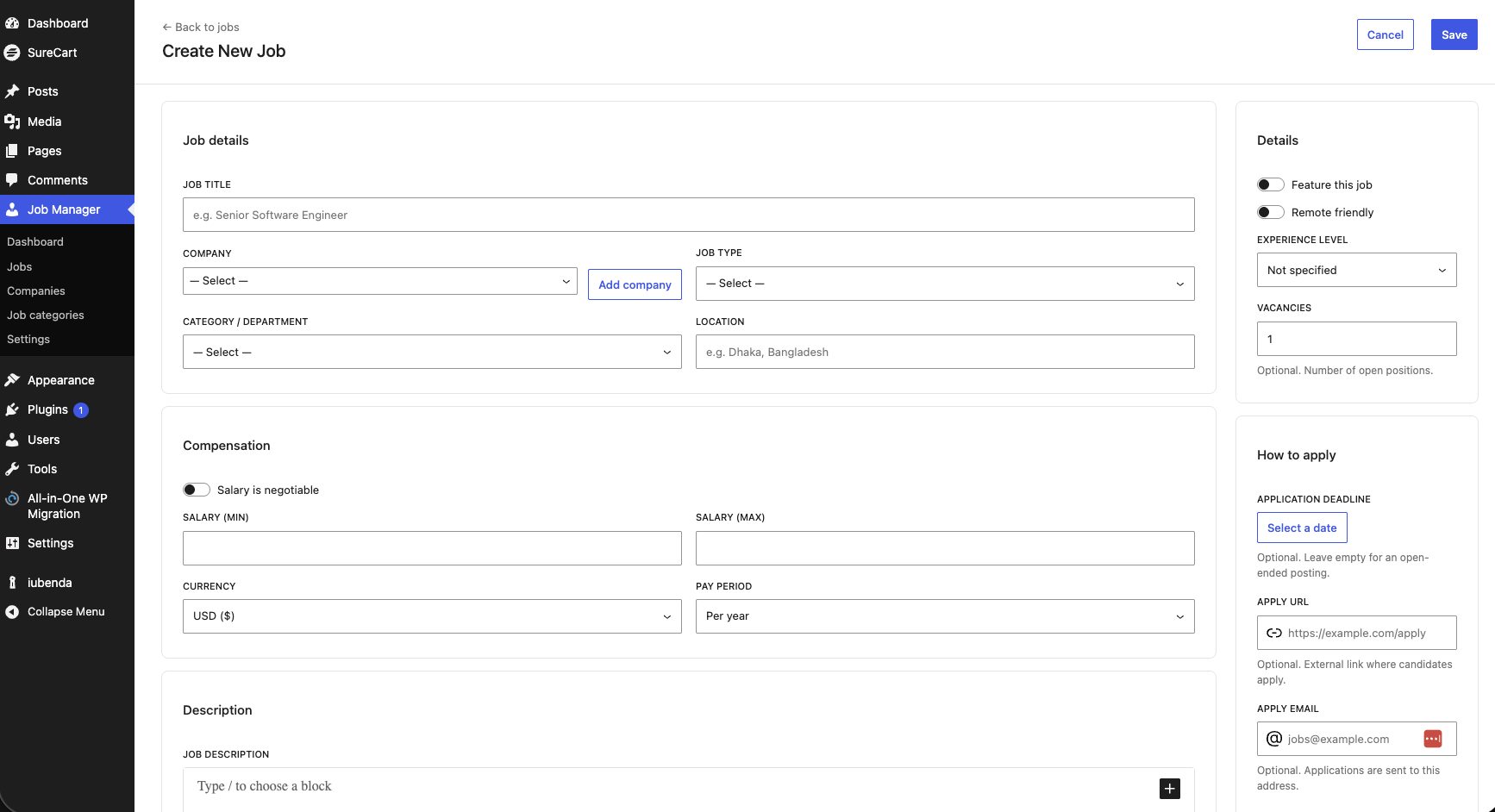 Create job form Create job form