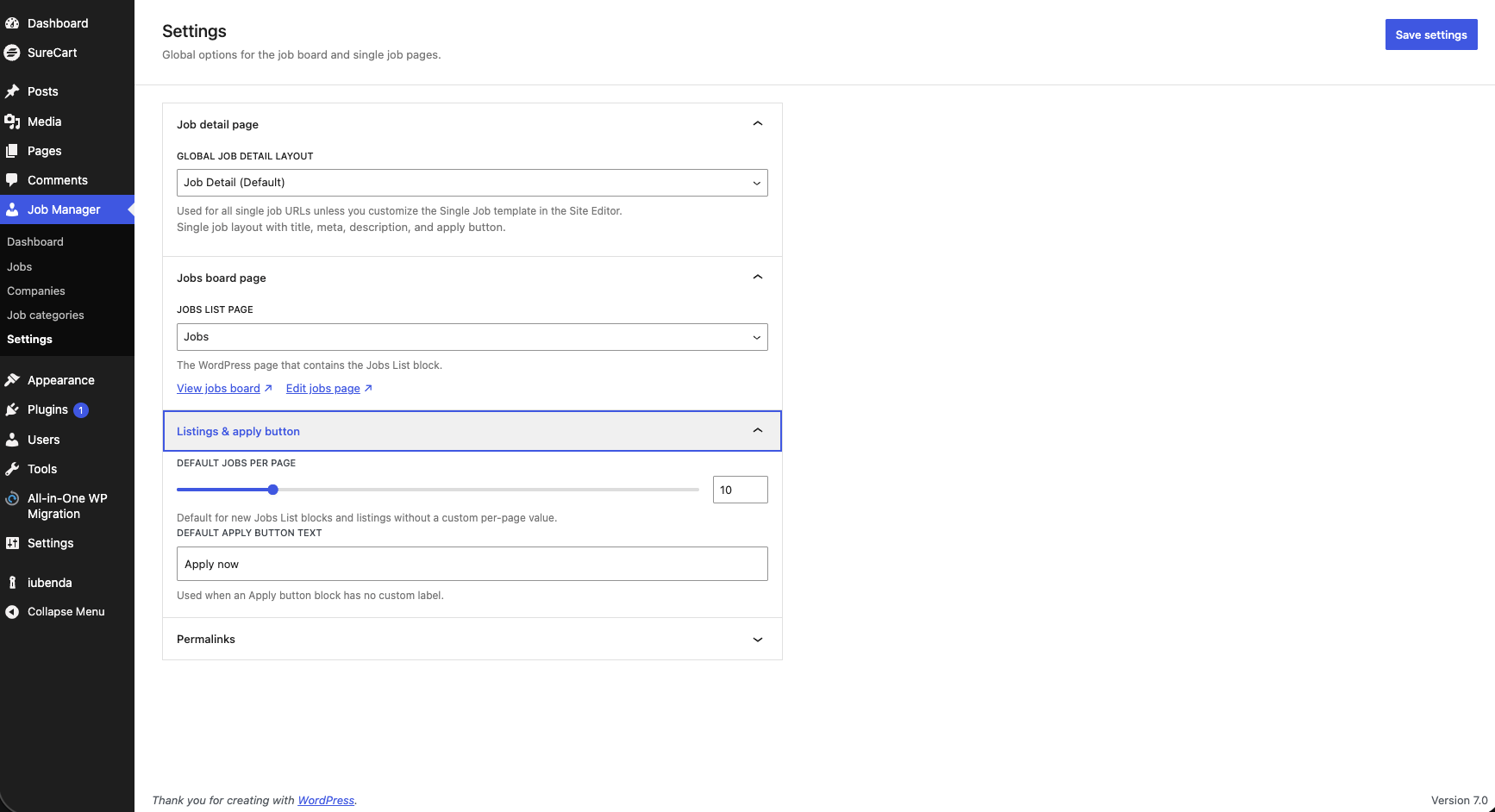 Job Manager settings Job Manager settings
