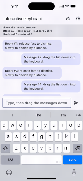 The iOS keyboard following the finger as the chat list is dragged down, then dismissing