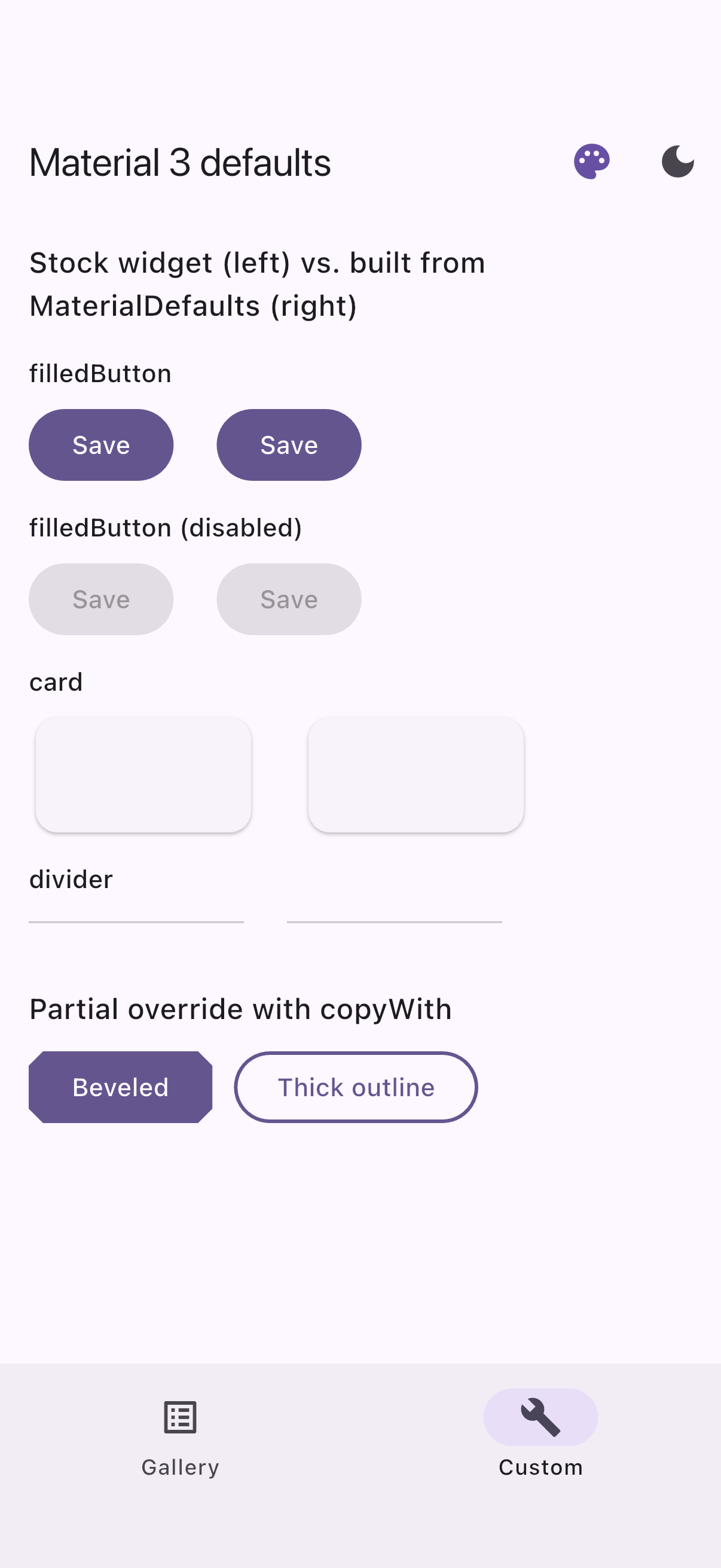 Stock widgets next to pixel-identical widgets built from MaterialDefaults