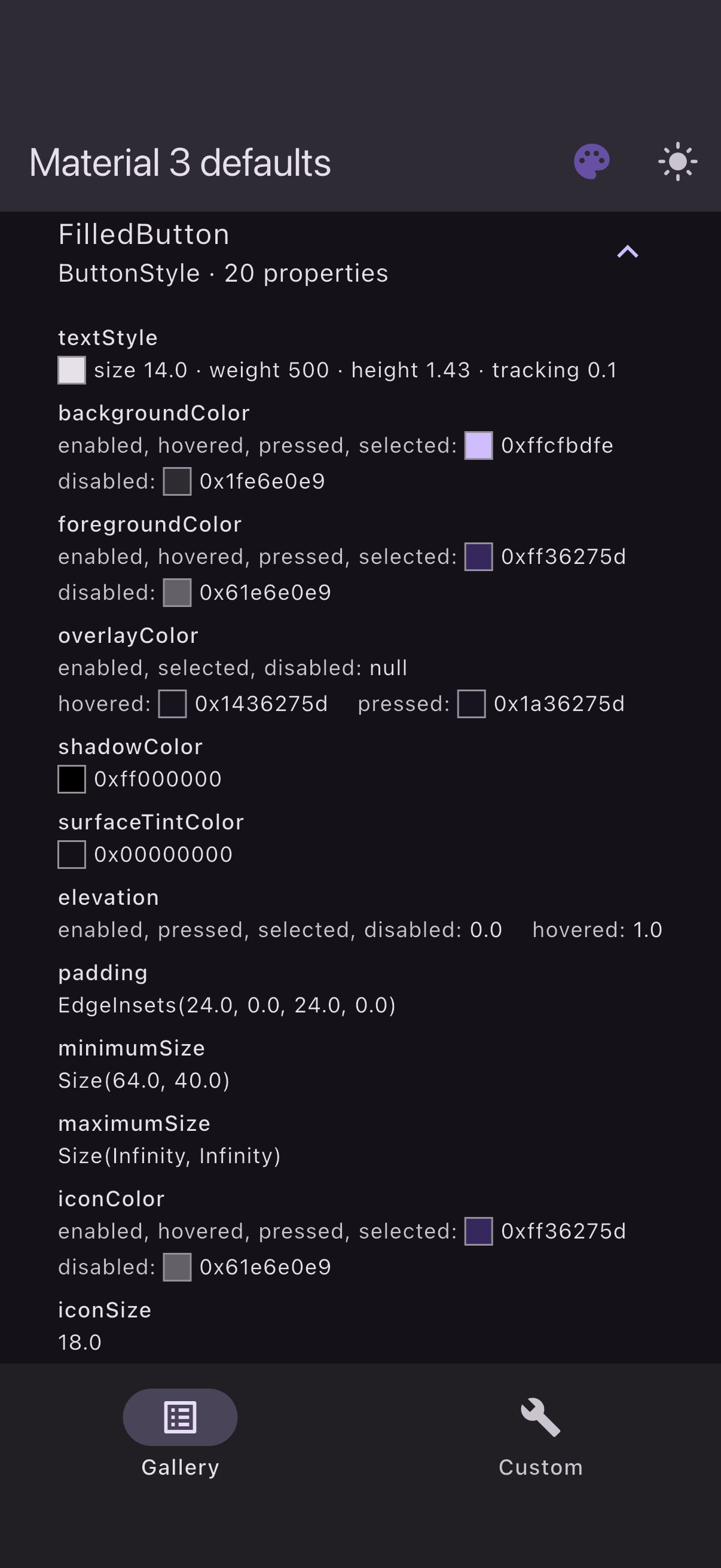 FilledButton defaults per state, dark