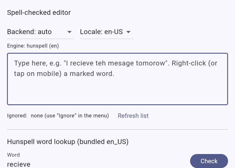 Typing misspelled words in a Flutter web TextField: red underlines appear, right-click shows suggestions, clicking one fixes the word