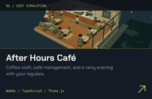 After Hours Café: Coffee craft, café management, and a rainy evening with your regulars. WebGL / TypeScript / Three.js