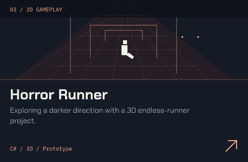 Horror Runner: Exploring a darker direction with a 3D endless-runner project. C# / 3D / Prototype