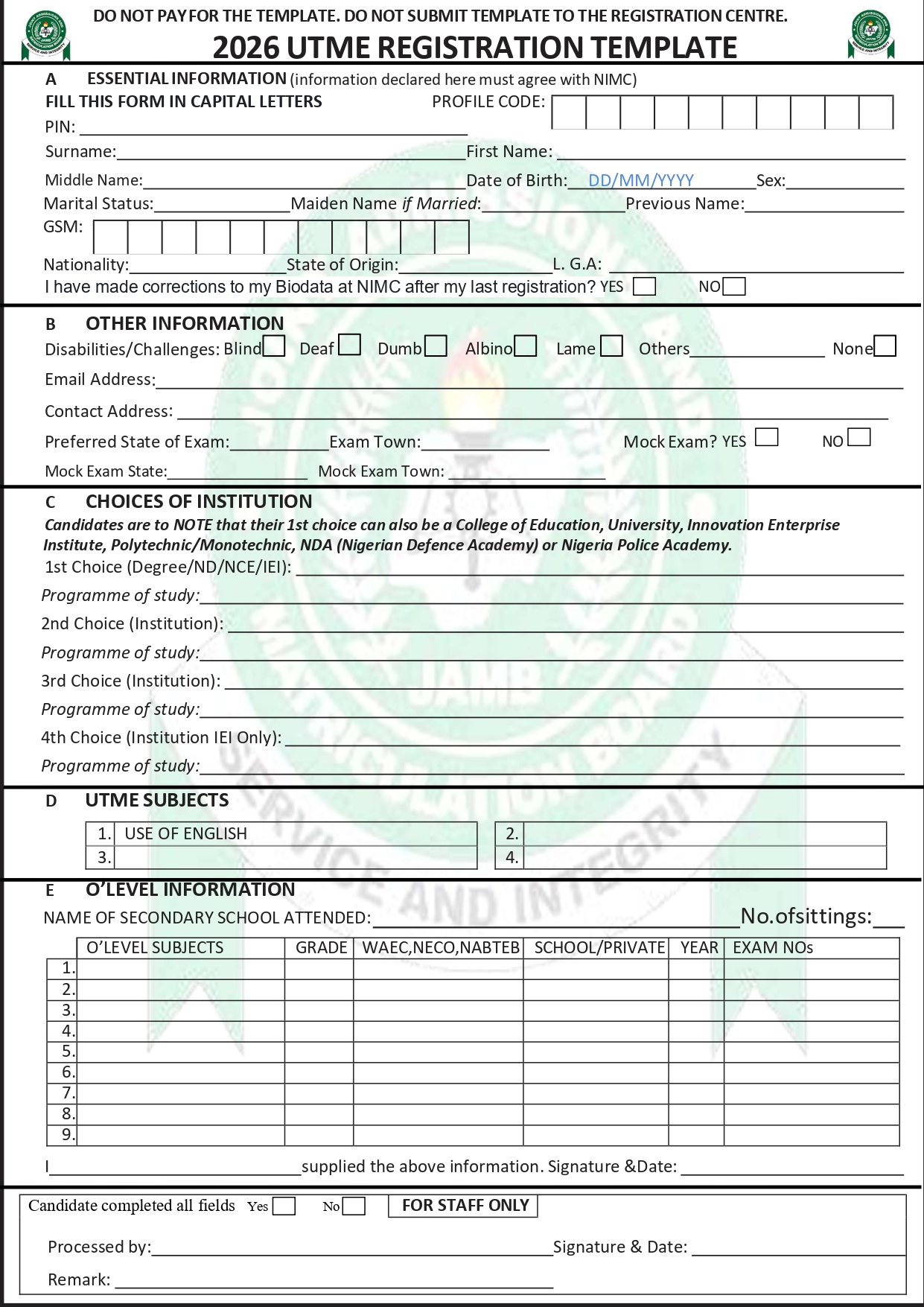 Official JAMB 2026 UTME Registration Template