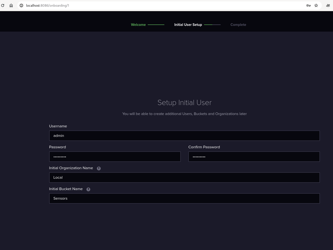 Influxdb initial setup