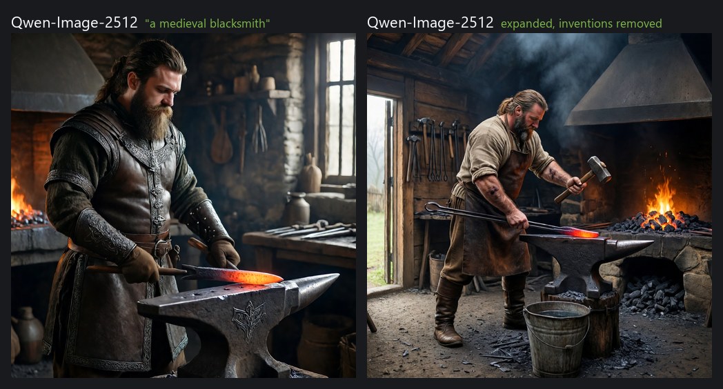 Qwen-Image-2512 with "a medieval blacksmith" and with the expanded prompt