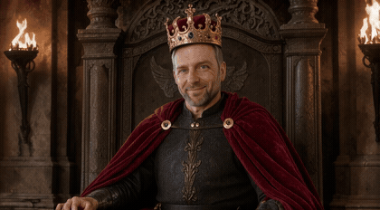 A generated example portrait as a king who says "Everyone can be a king these days.", then the camera zooms out to the film set