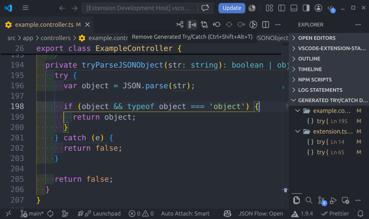 Generated try/catch structures detected and organized in the Explorer view