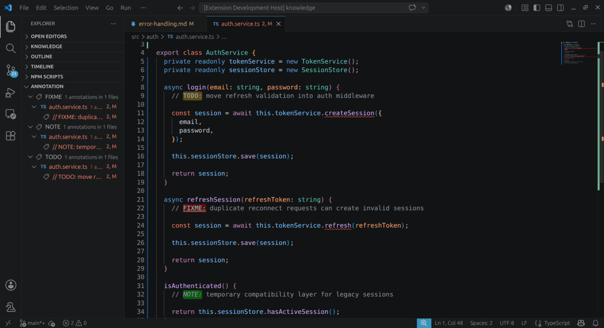 Workspace annotation highlighting and navigation in VS Code.