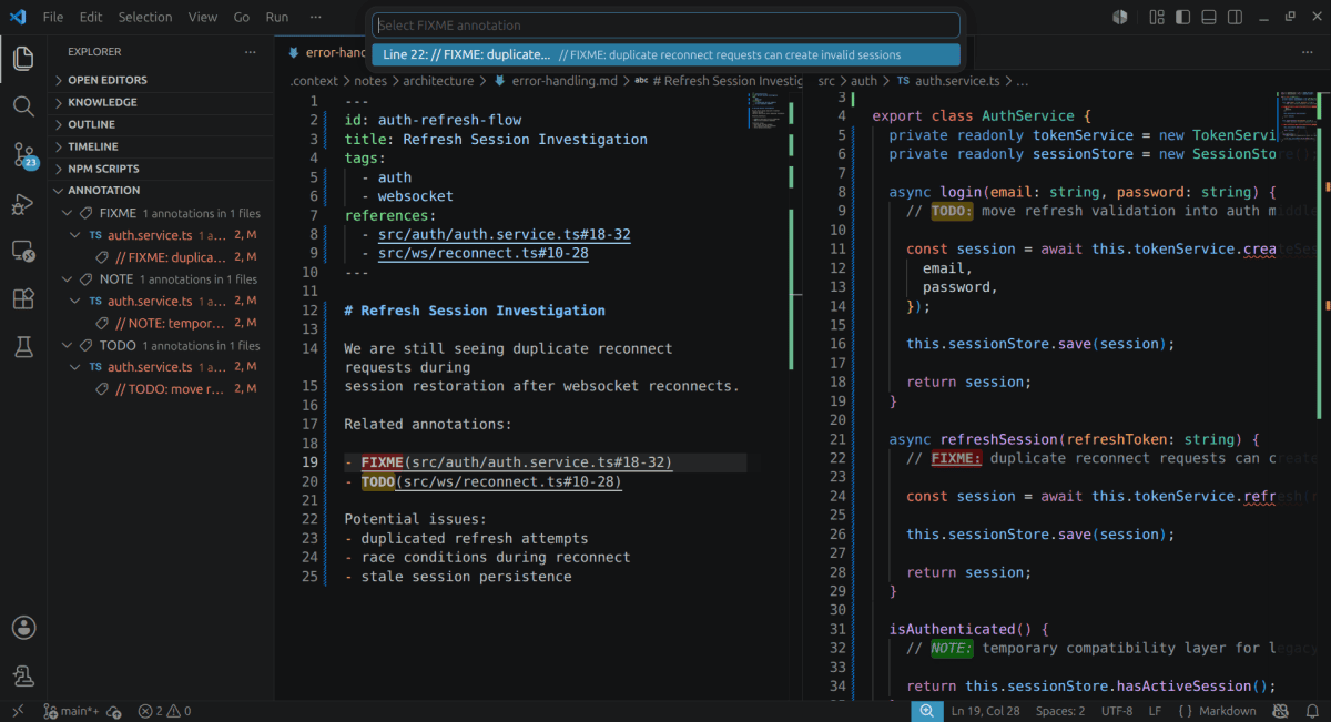 Contextual navigation between Markdown notes and source code.