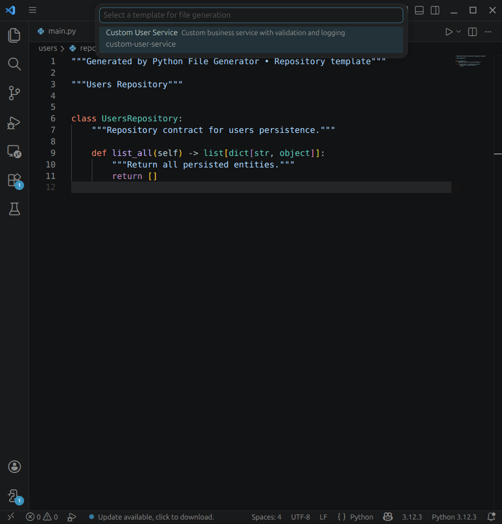 Generate Python code from custom JSON templates inside VS Code for flexible and reusable scaffolding