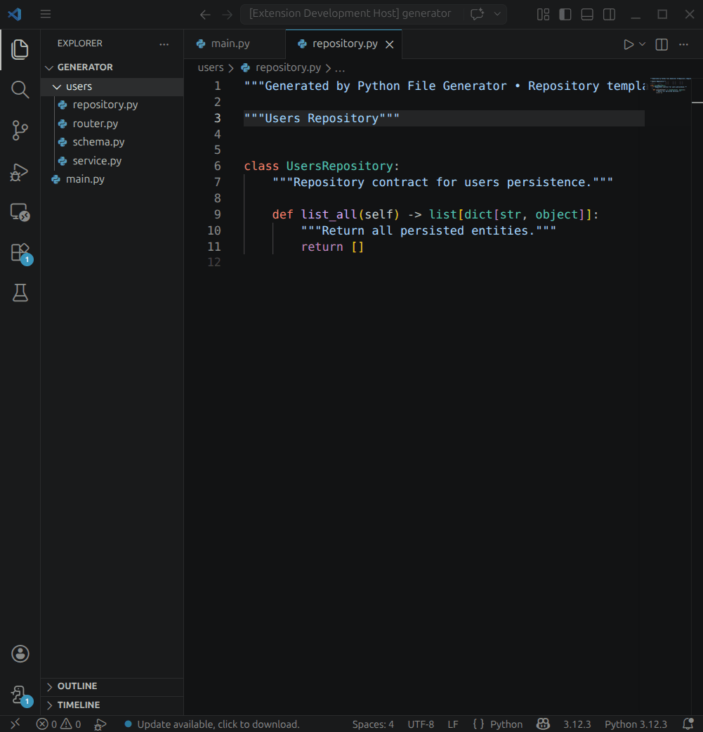 Automatically generated Python project structure with repository, service and schema files in VS Code