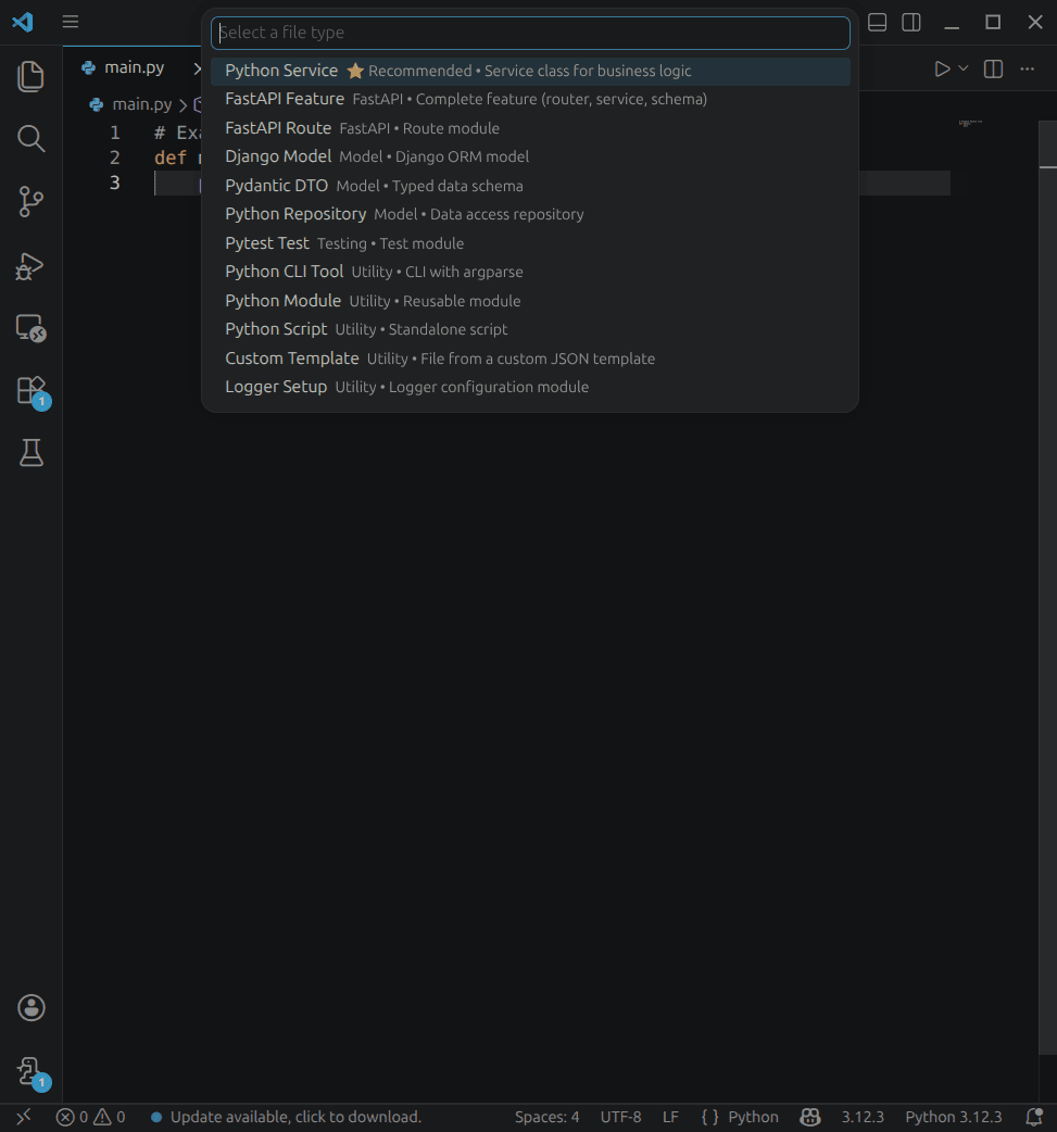 Select a Python file template using a QuickPick menu in VS Code to generate code instantly