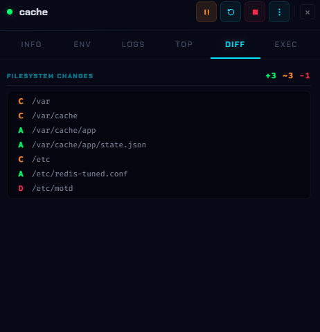 Filesystem changes against the image, added, changed and deleted