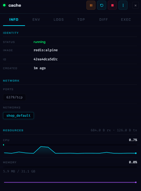 Info tab showing status, image, id, ports, networks and live CPU and memory