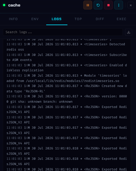 Live log stream with in-log search