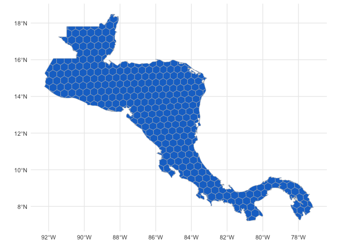 Figure 1. Hexagonal grid of resolution 4 for Central America.