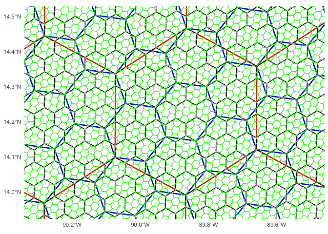 Figure 4. Hierarchical hexagonal grids of resolution 5, 6, 7, 8. Every hexagonal cell has seven child cells below it in this hierarchy.  