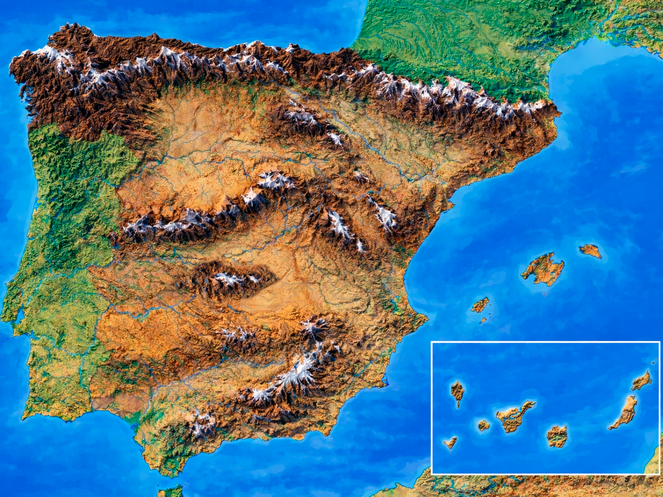 Mapa de relieve de España sin pistas