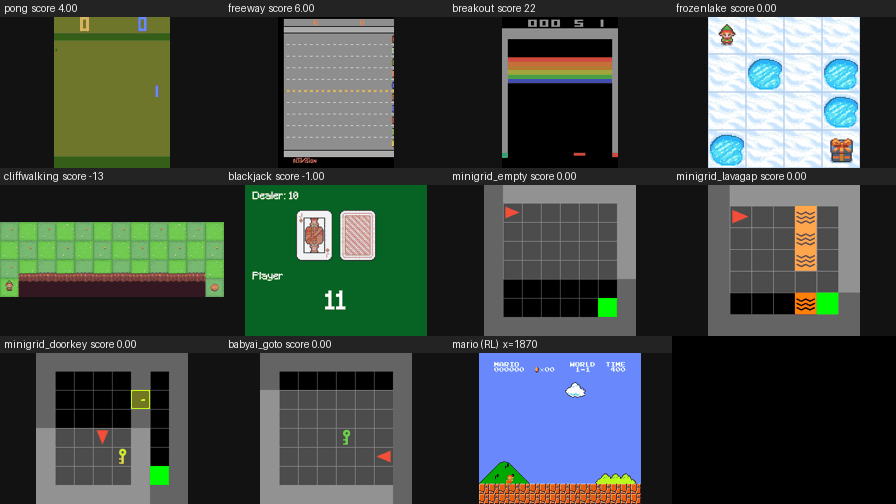 the model playing ten games from text state descriptions, plus Super Mario Bros with the RL checkpoint