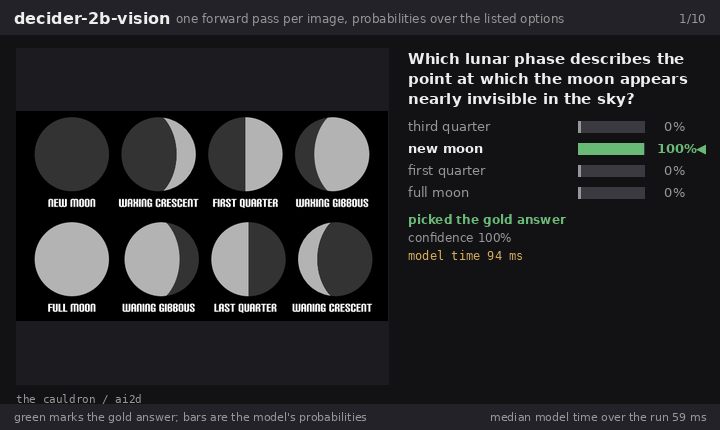 decider-2b-vision answering ten held-out image questions with the served probability on every option