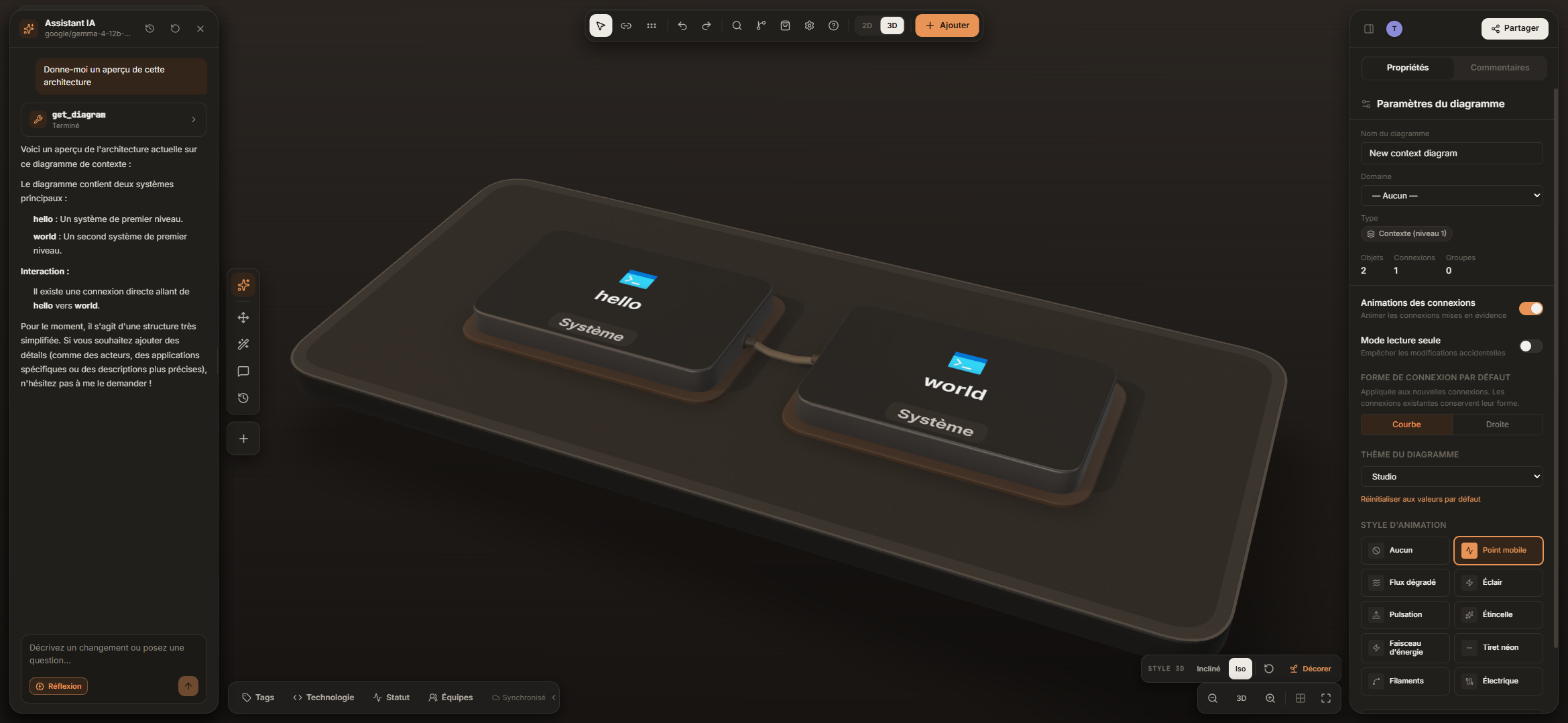 The AI assistant summarising the architecture next to the 3D board, using a local LM Studio model