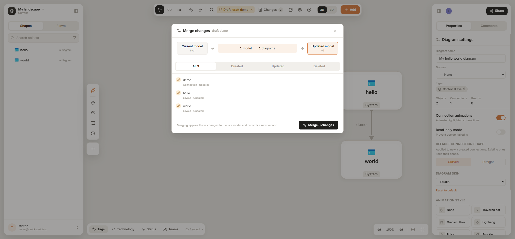 Merging a draft: the list of changed connections and layouts before applying them to the live model