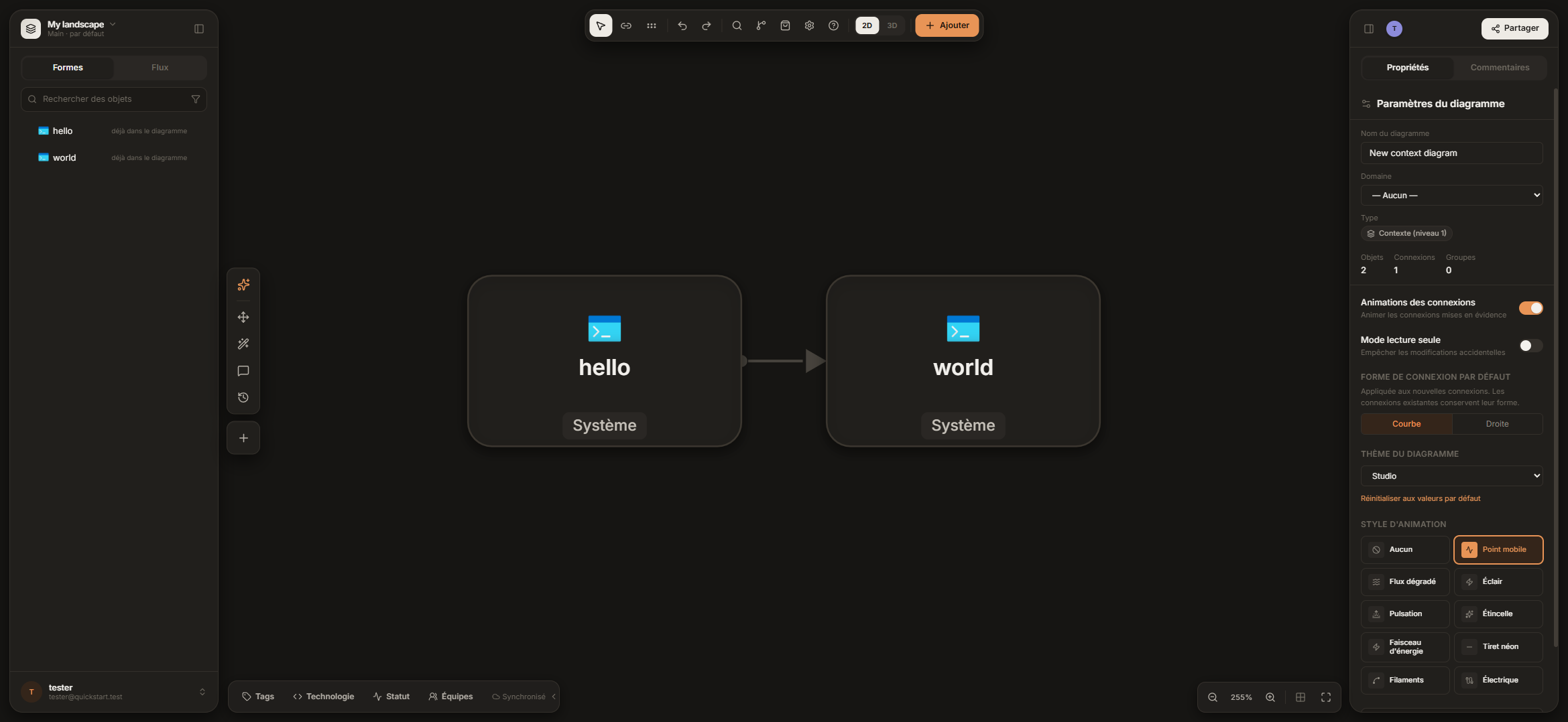 The diagram editor in dark mode with the French interface