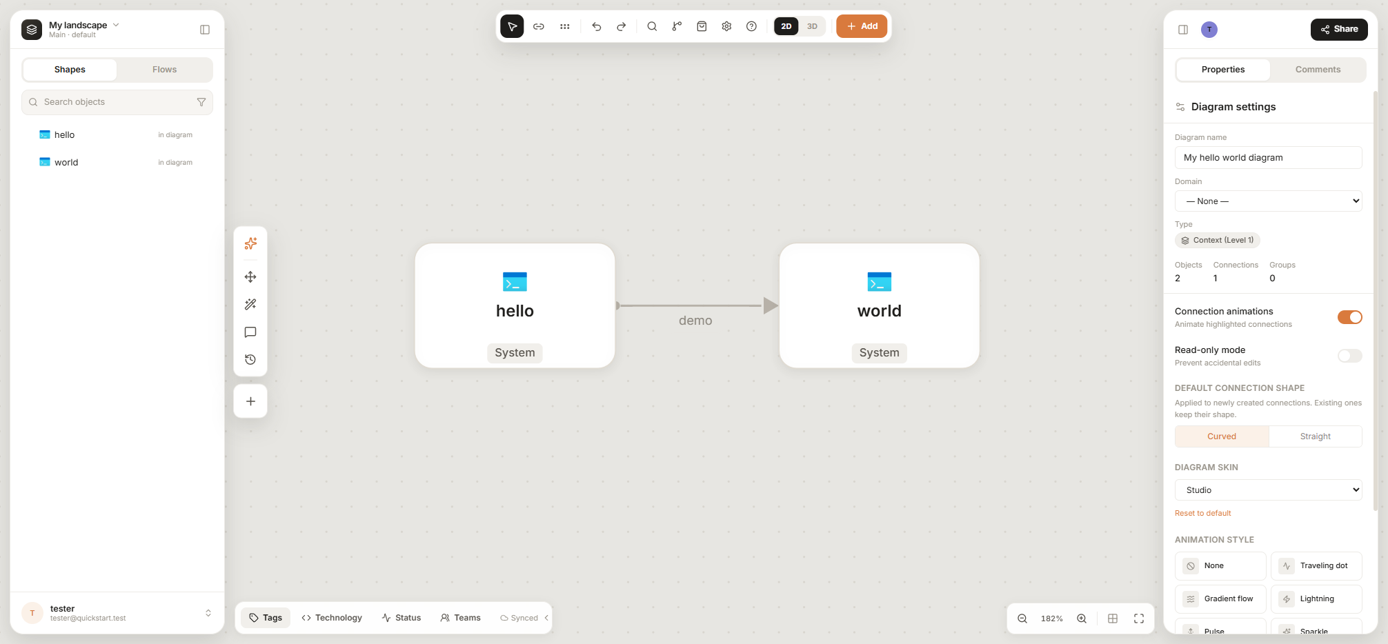 The MapleSpire diagram editor: a System Context diagram with two systems and a labelled connection, the model outline on the left and diagram settings on the right