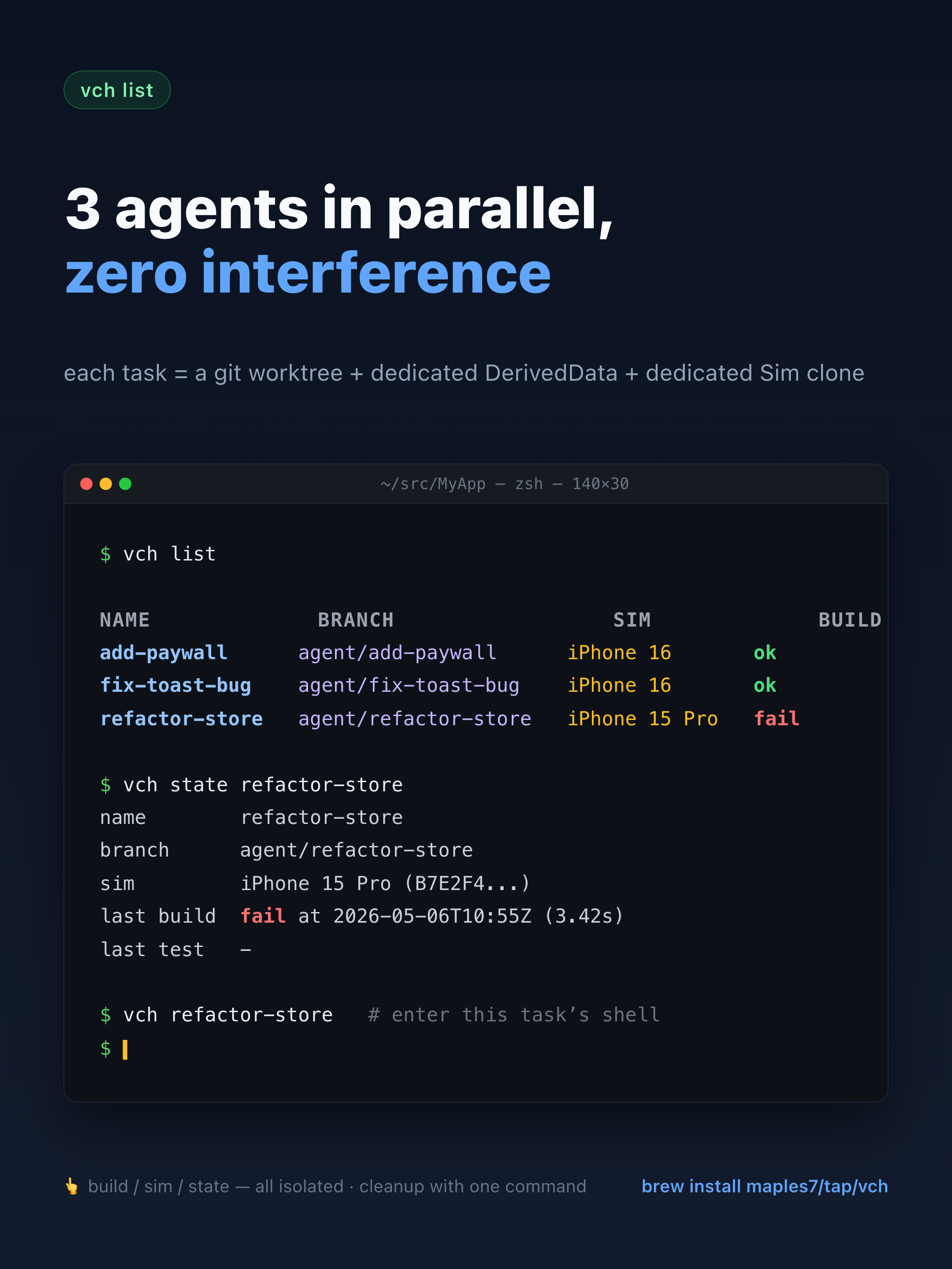 vch list output: three parallel agent tasks, two ok one fail, with vch state details