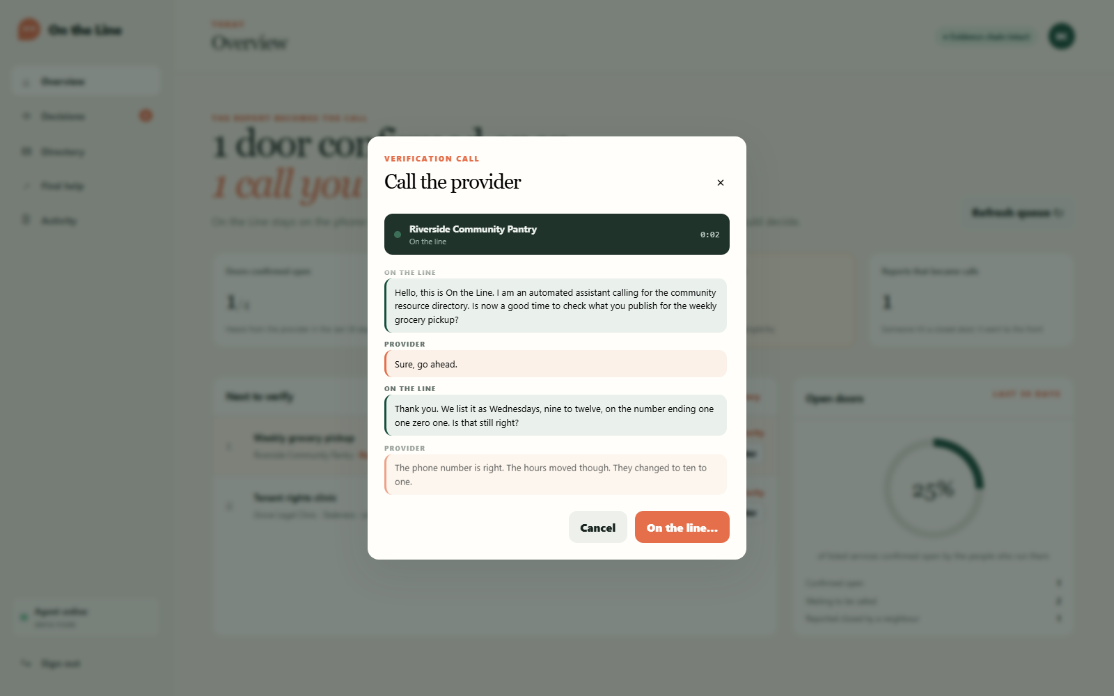 A verification call, streamed turn by turn: the disclosure, the readback, and the change stated