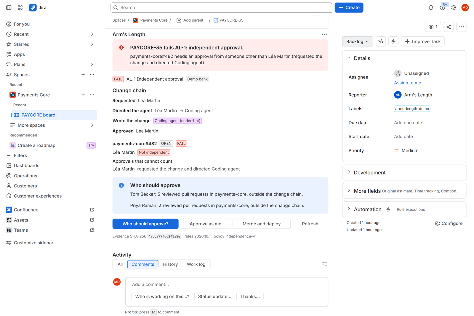 The issue panel rebuilds the change chain and names whose approval cannot count