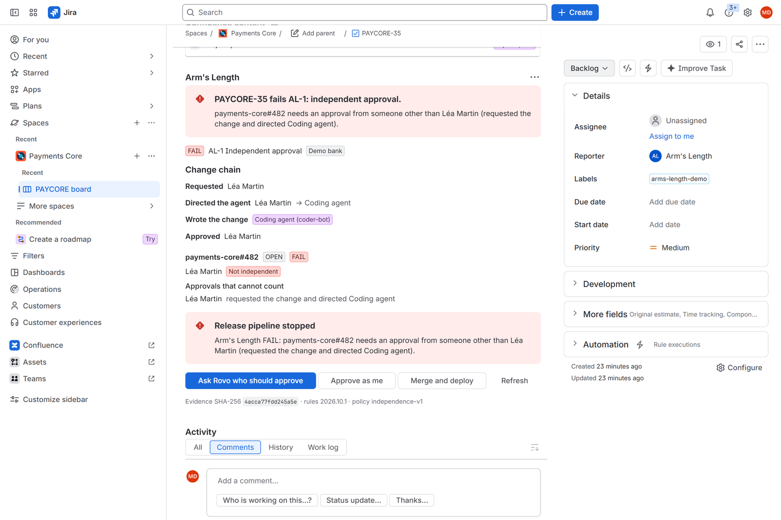Merge and deploy runs the same check as the Pipelines gate, and the release stops on FAIL