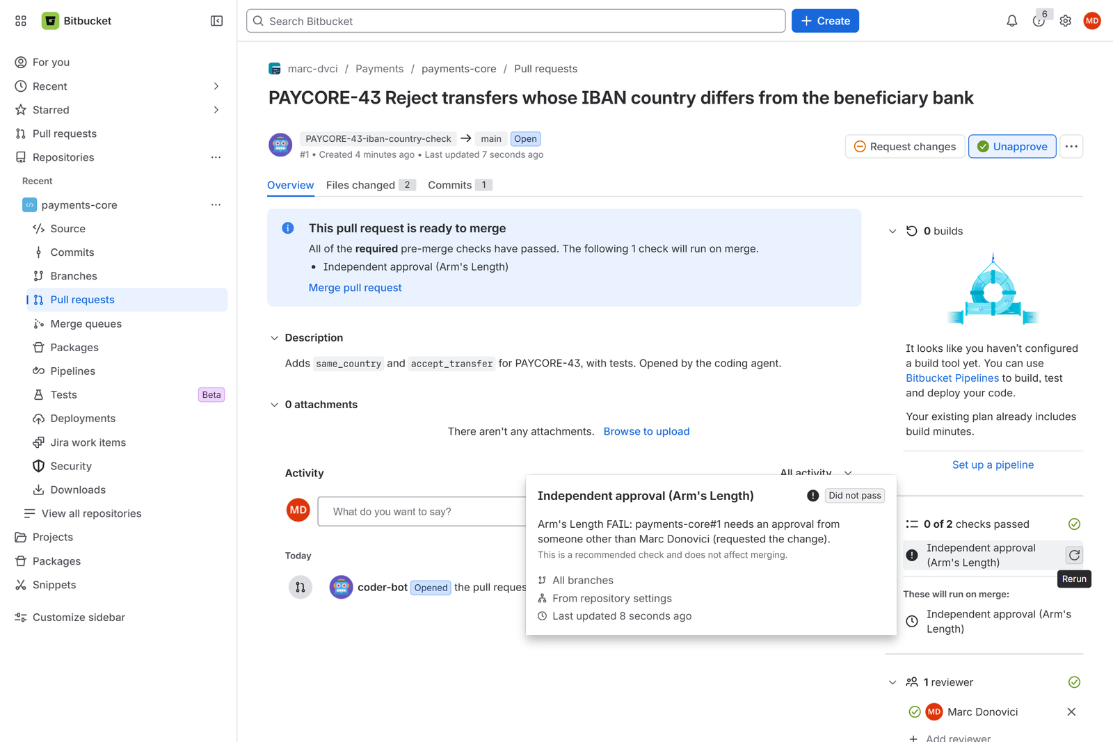 In Bitbucket, the coding agent's pull request fails the merge check: its only approval came from the requester