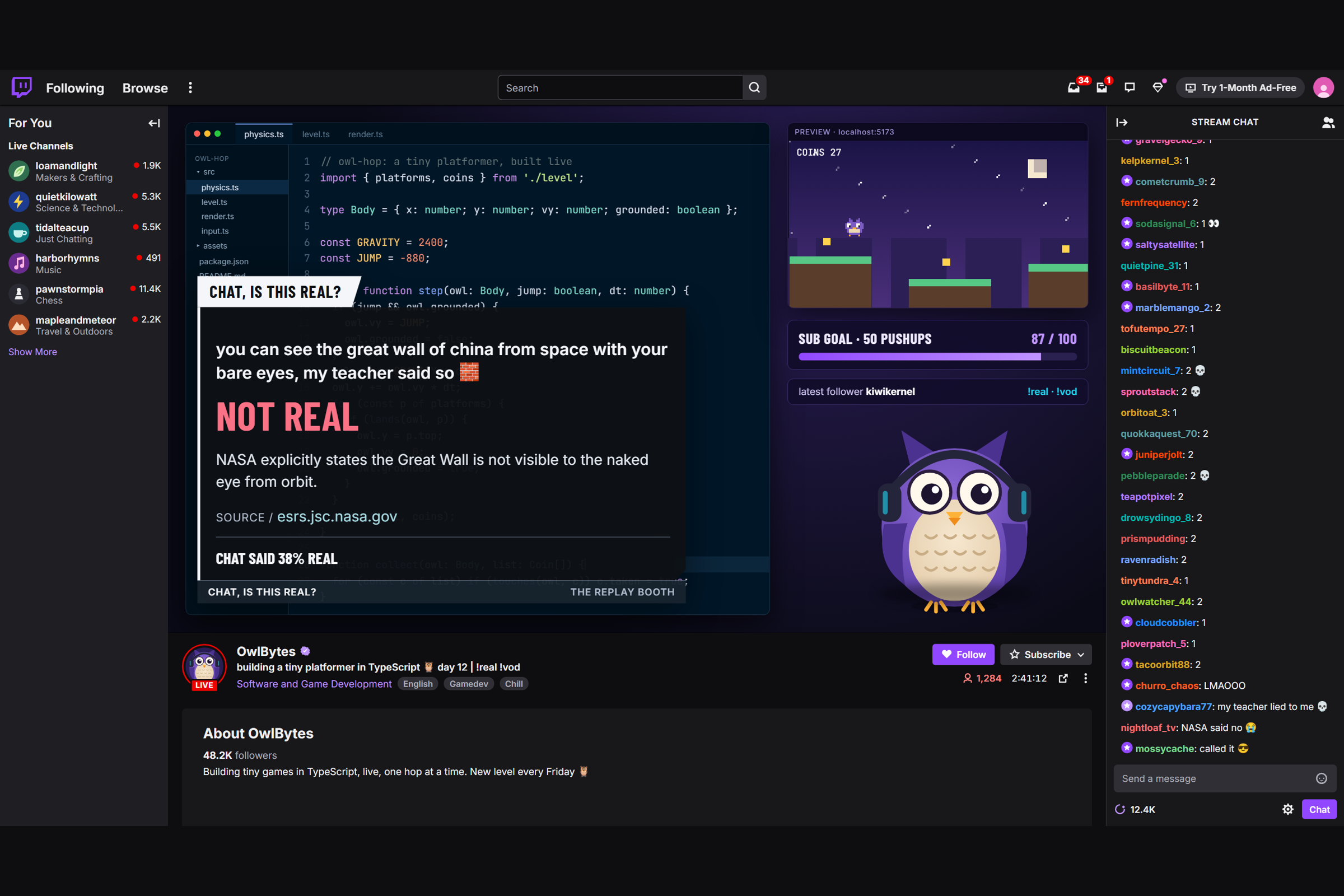 Chat Is This Real on a Twitch stream: the NOT REAL stamp lands with its NASA source