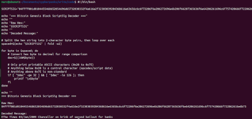 Genesis Block scriptsig hex and decoded message about 2009 bank bailout